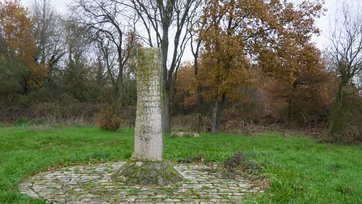 Ripresa aerea con allontanamento del miliario romano, Via Nova, a Sandiás, Ourense, Spagna