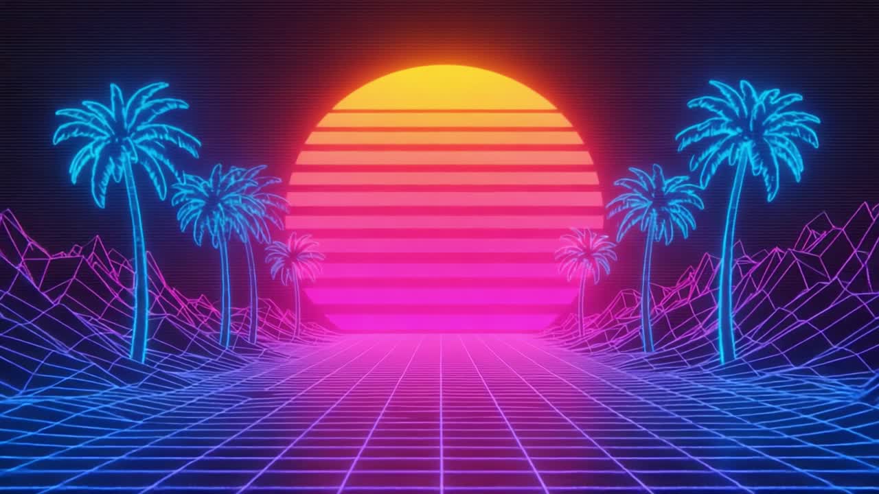 A Vibrant Neon Sunset Over a Grid Landscape with Palm Trees and Retro Mountains, Infusing a Dreamy 80s Synthwave Aesthetic and Colorful Atmosphere