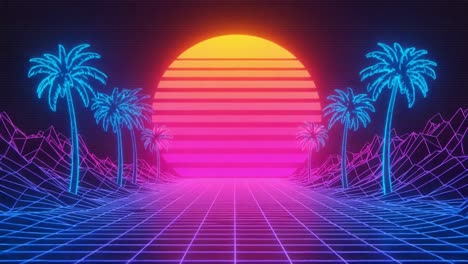 a vibrant neon sunset over a grid landscape with palm trees and retro mountains, infusing a dreamy 80s synthwave aesthetic and colorful atmosphere