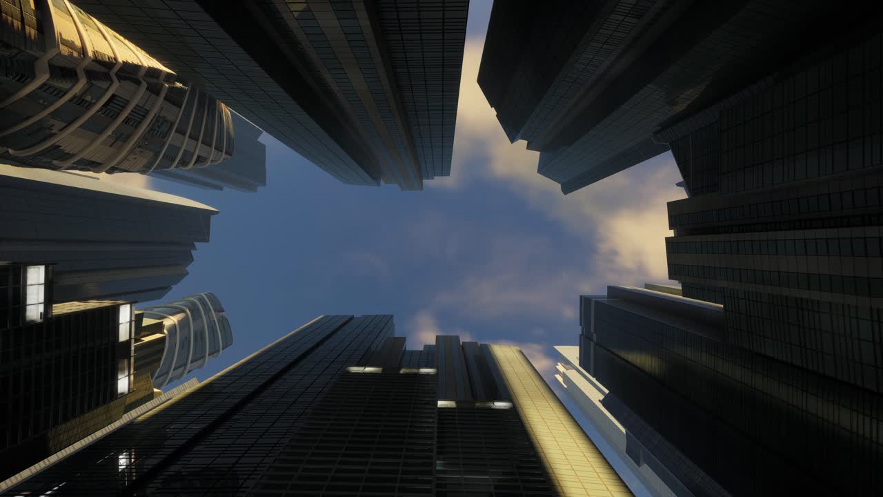 Time Lapse Of Low Angle View Of The Glass Mirrored Buildings. Business Center From Morning Till Evening Timelapse, Moving Cloud. Airplane Flying Above Office Building