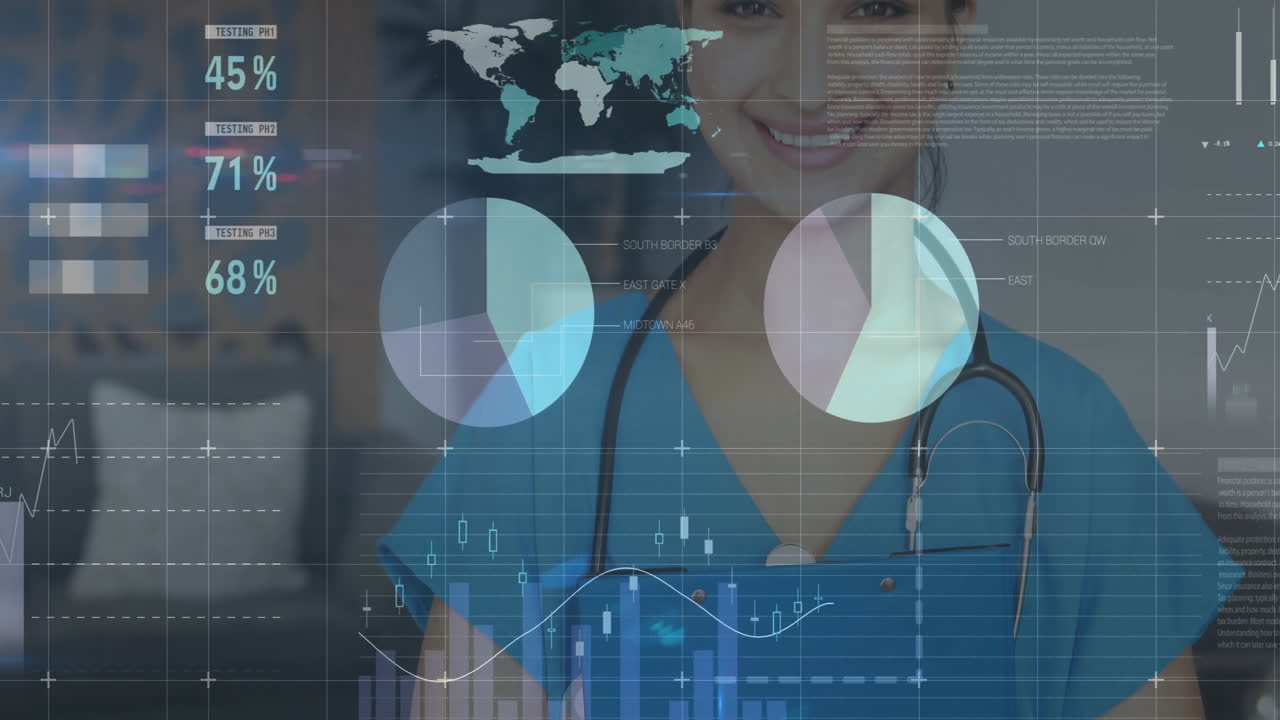 Healthcare professional analyzing data in office, featuring stethoscope, pie charts and world map