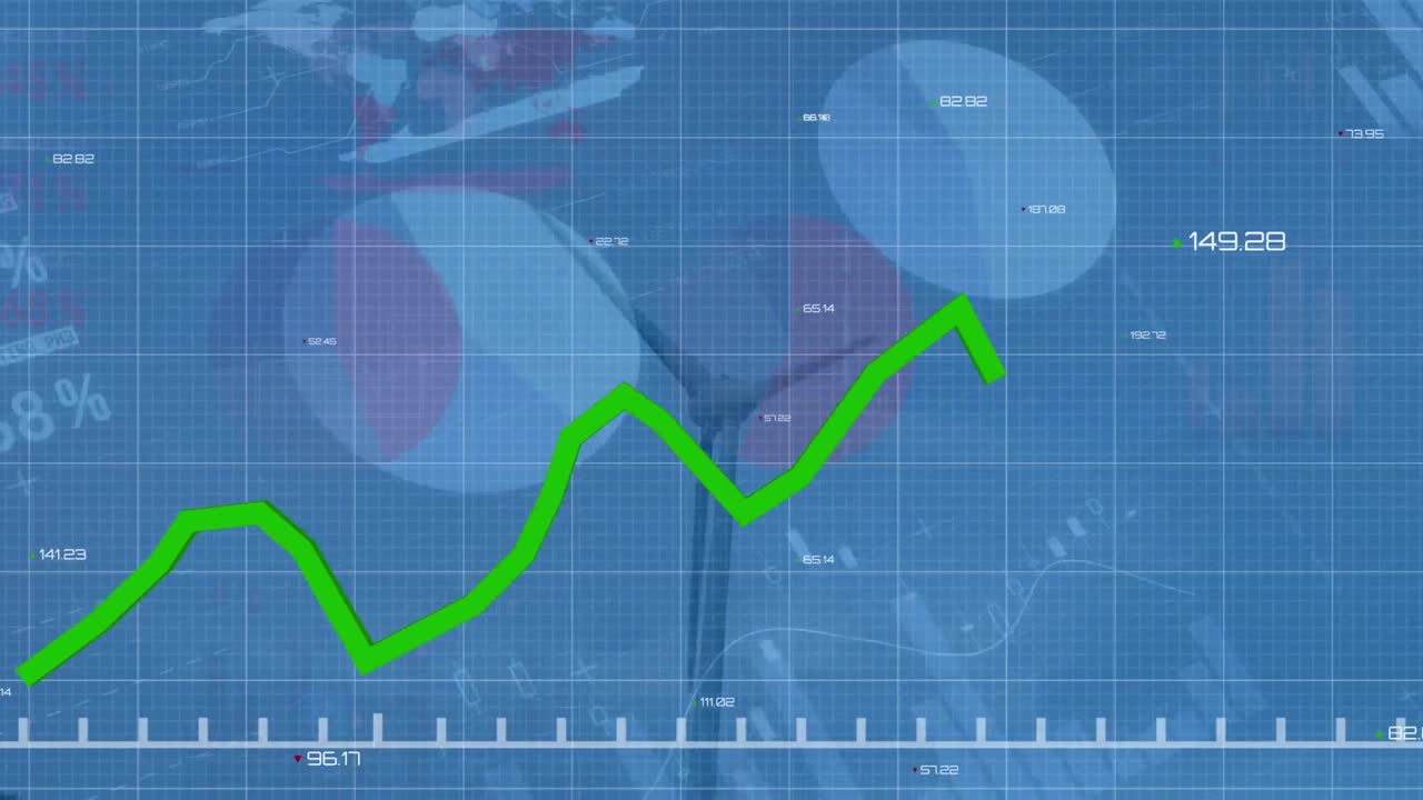 통계 및 금융 데이터 처리 동작: 시골에서 풍력 터빈 위에 있는 녹색 선