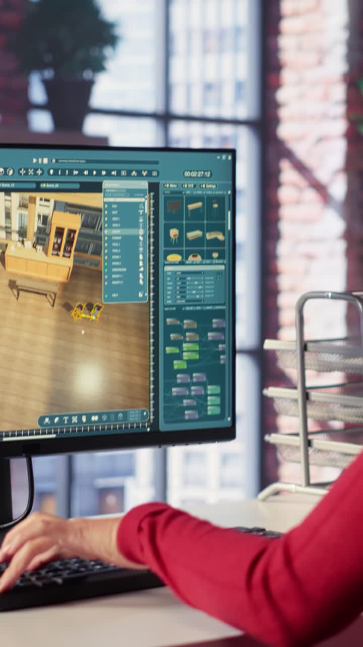 Vertical Video Professional architectural designer configures a floor plan on dual monitors