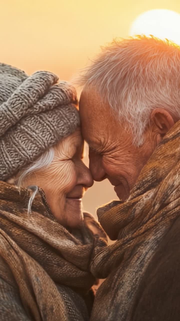 Un abbraccio commovente: una coppia anziana che condivide un momento intimo al tramonto, celebrando l'amore e la connessione tra generazioni