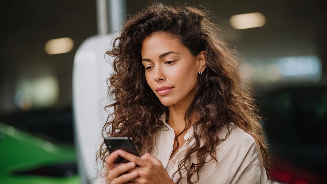 Engageret Kvinde med Krøllet Hår Koncentrerer sig om sin Smartphone i Moderne Omgivelser, der Fremviser Naturlig Skønhed og Teknologiintegration