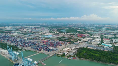 aerial view of northport in klang, malaysia, revealing container terminals, port infrastructure, and a sprawling cityscape under a partly cloudy sky. uhd.