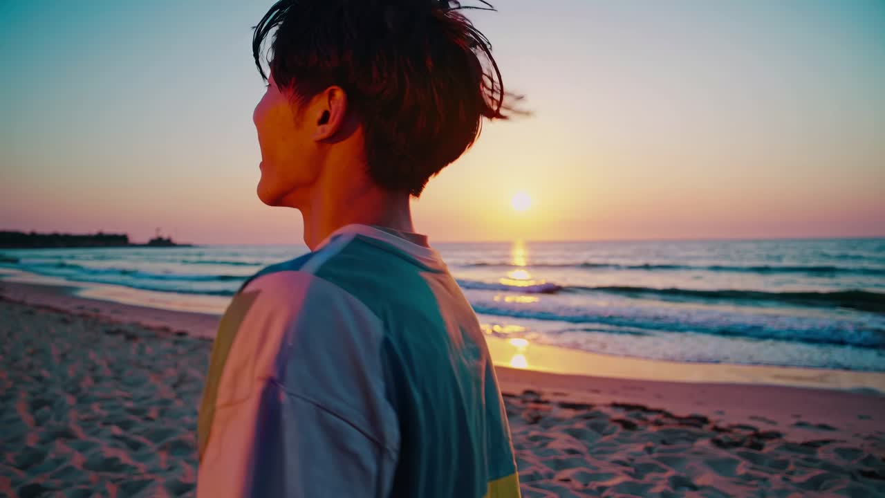 A serene video capturing a person watching a vibrant sunset over the ocean, evoking tranquility