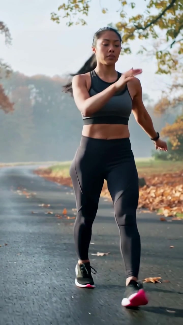 Video vertical: Mujer asiática iniciando su caminata matutina, andando por un sendero del parque, vistiendo un top deportivo y reloj