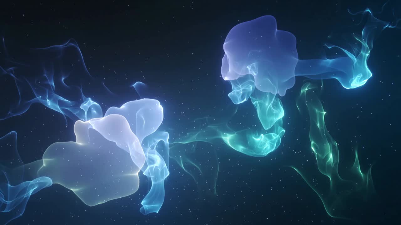 Starting frame showing two nebulous clouds drifting in deep-blue starfield, flowing ribbons pulsing