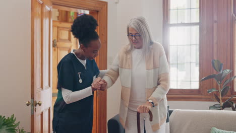 old woman, walking stick or caregiver in nursing