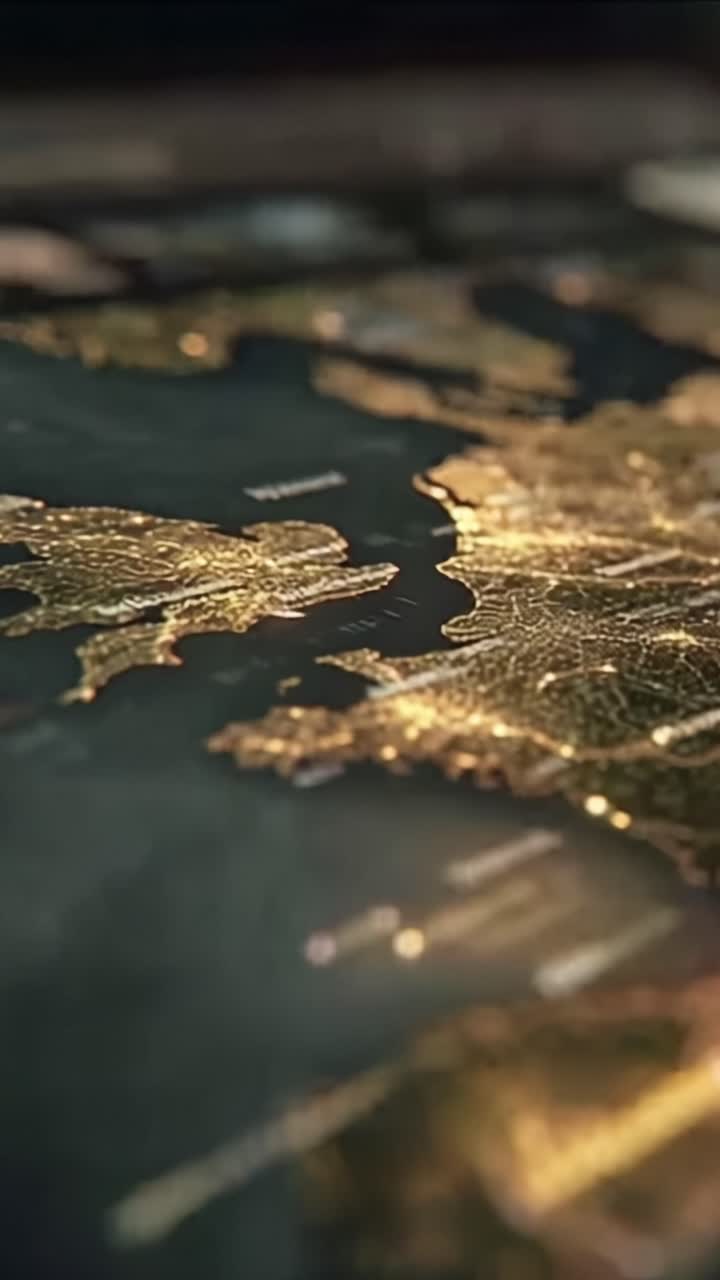 En fantastisk visuell reise gjennom et opplyst kart som viser europeiske kystlinjer og landemerker, med fokus på detaljerte geografiske funksjoner og urbane områder