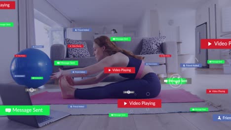 Animation-of-social-media-icons-over-caucasian-fit-woman-practicing-yoga-in-front-of-laptop-at-home