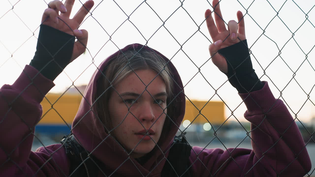 Portrait of fair skinned woman wearing maroon hoodie and black vest gripping chain link fence while pausing to catch breath after workout against city skyline at dusk under city lights