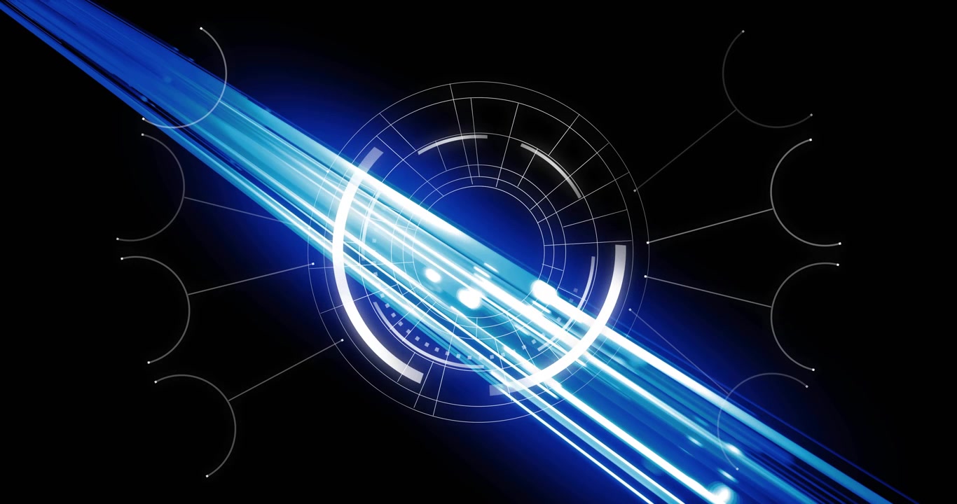 Circular grid forming rings while blue beam sweeping diagonally, intensifying lines, activating HUD