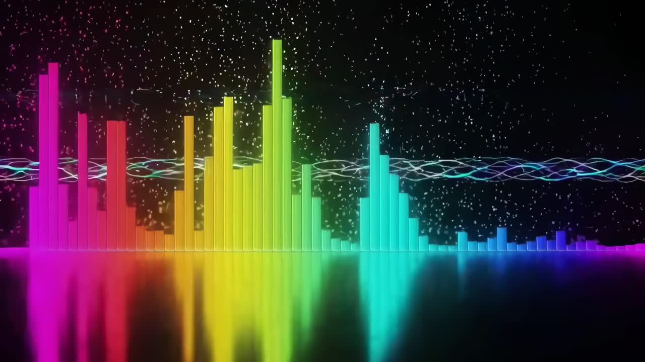 Vibrant video equalizer with a low-angle view, showcasing colorful sound waves against a starry