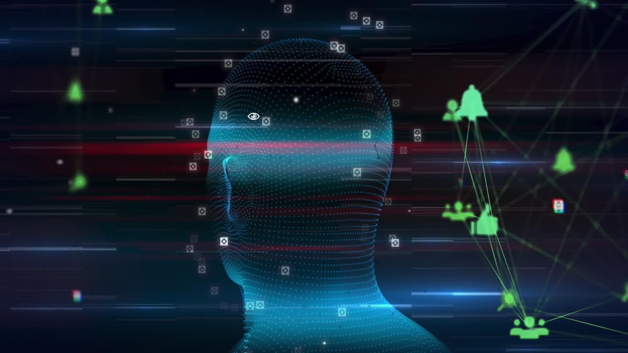 Animation of illuminating human face with connected icons forming globe and abstract shapes