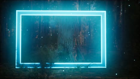 Neon-glowing-rectangle-frame-in-the-night-forest