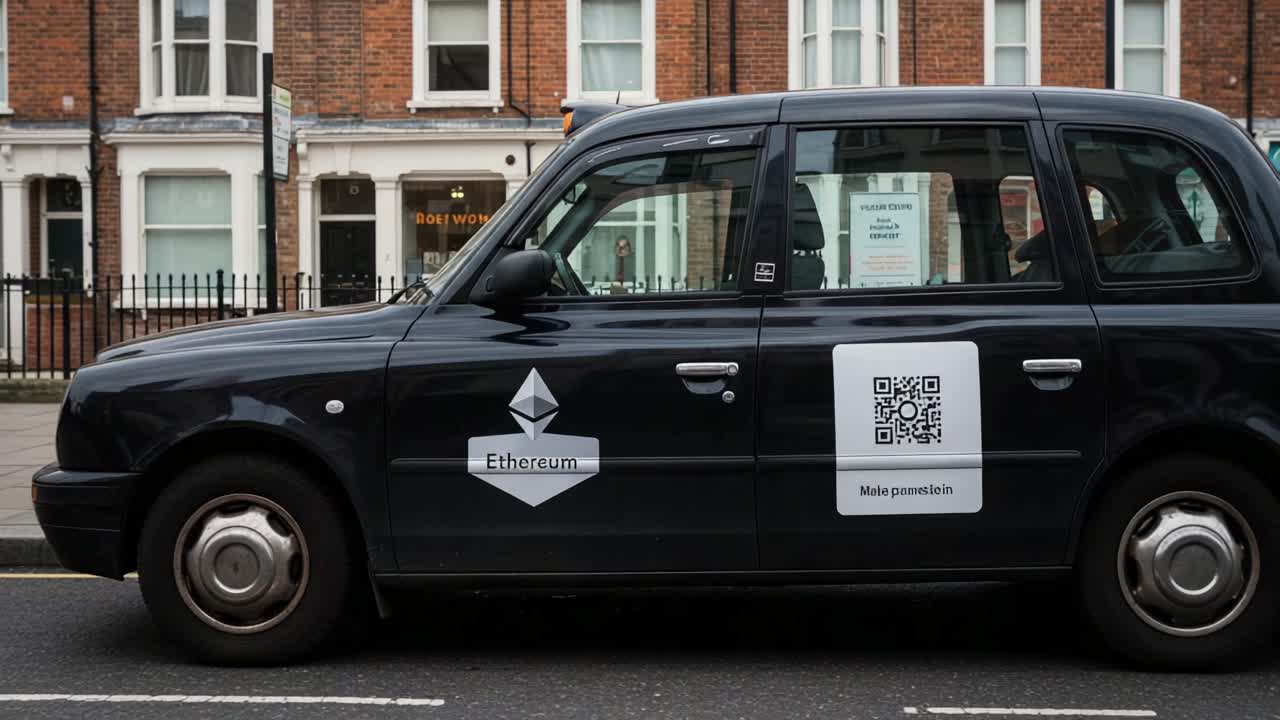 An Urban Scene Featuring a Black Cab Displaying Ethereum Branding and QR Code, Illustrating the Intersection of Transportation and Cryptocurrency Promotion