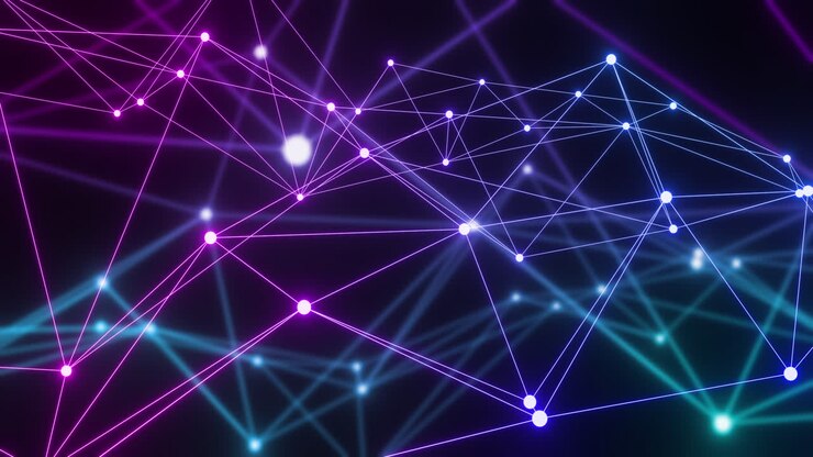 Animazione di una rete di connessioni e punti dati color neon su sfondo scuro