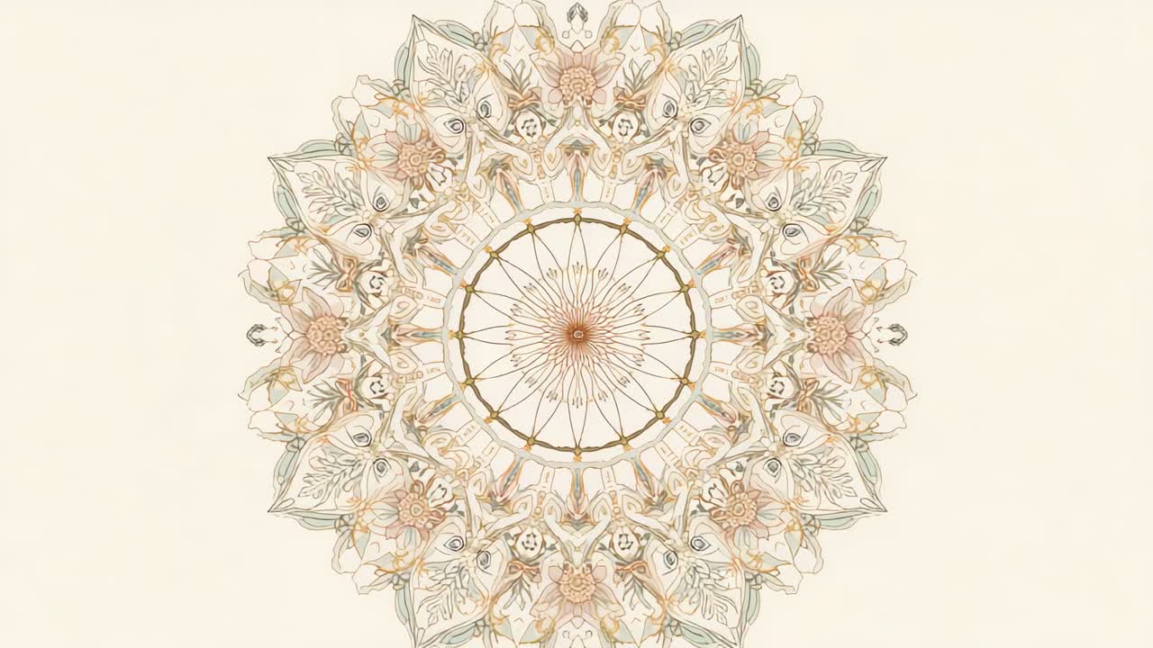 Animazione di mandala decorato e ornato in riproduzione, con ridimensionamento e rotazione su sfondo color crema chiaro, che rivela filigrana