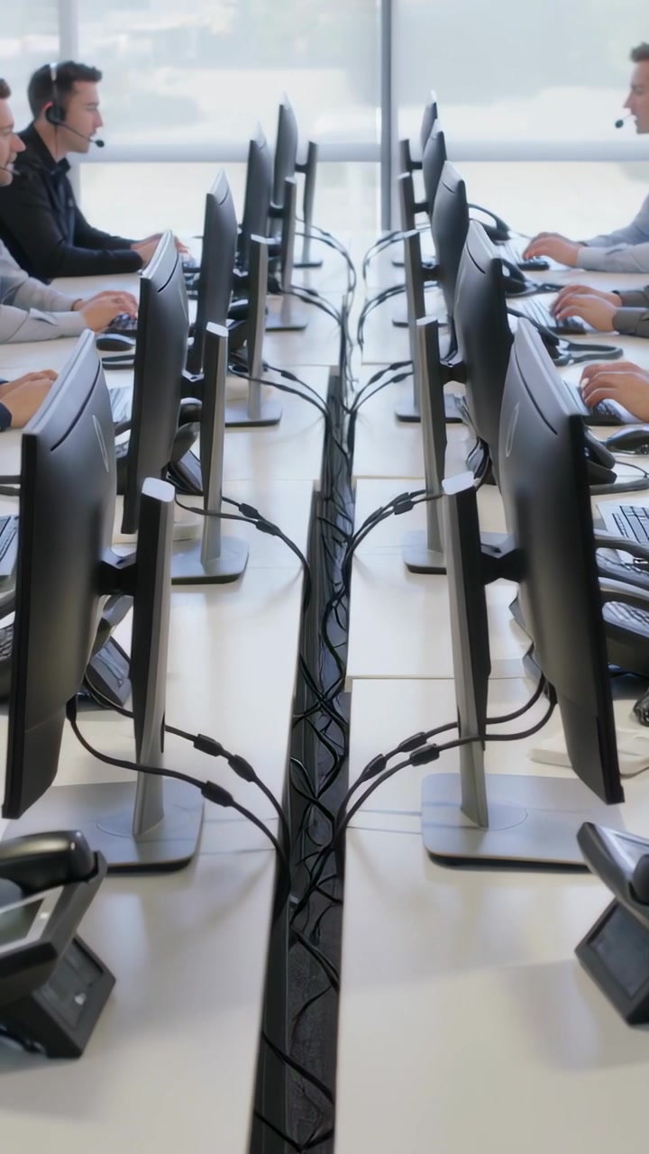 Vertical video: Camera opening in call center, agents in shirts typing with headsets handling calls