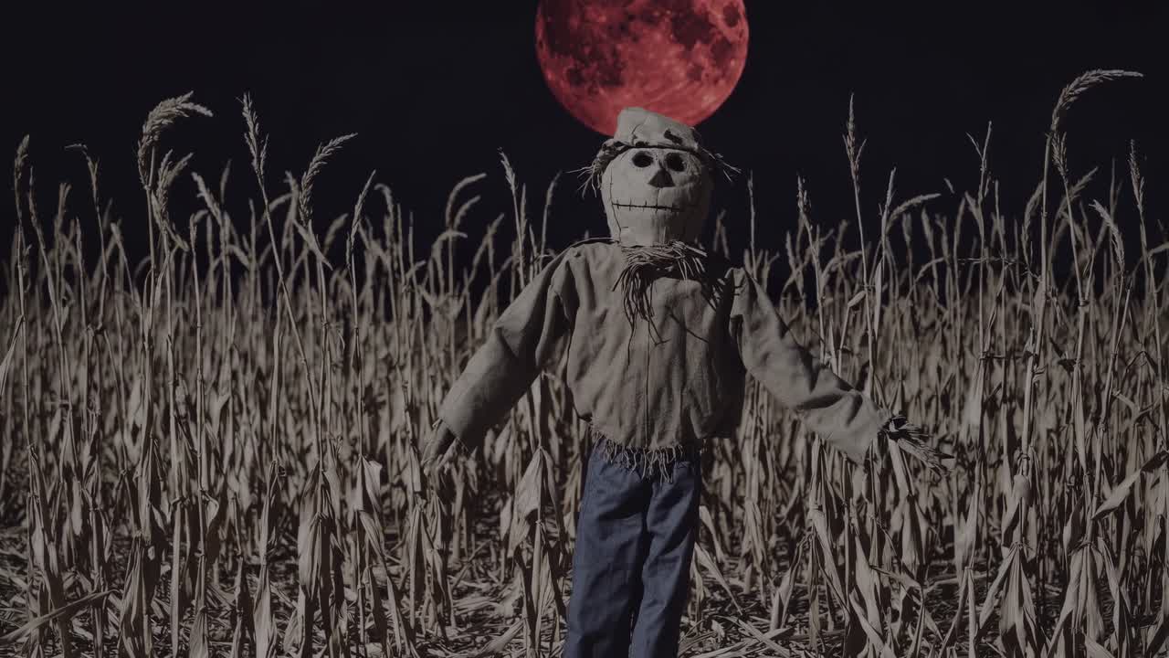 Scarecrow in a moonlit cornfield, with a vibrant red moon illuminating the scene, creating an eerie atmosphere as it sways gently in the night breeze