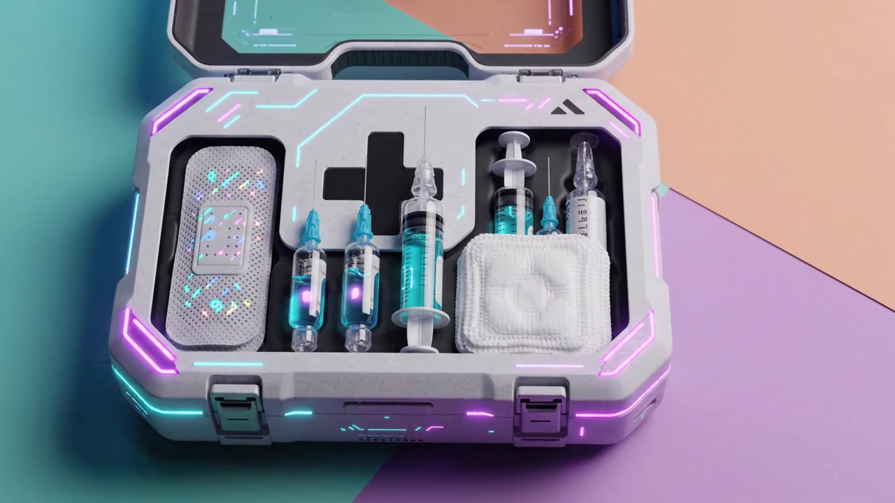 Futuristisk medicinsk sæt: En højteknologisk panserkasse, der indeholder avancerede sprøjter og medicinske forsyninger med neon accenter på en stilfuld geometrisk baggrund