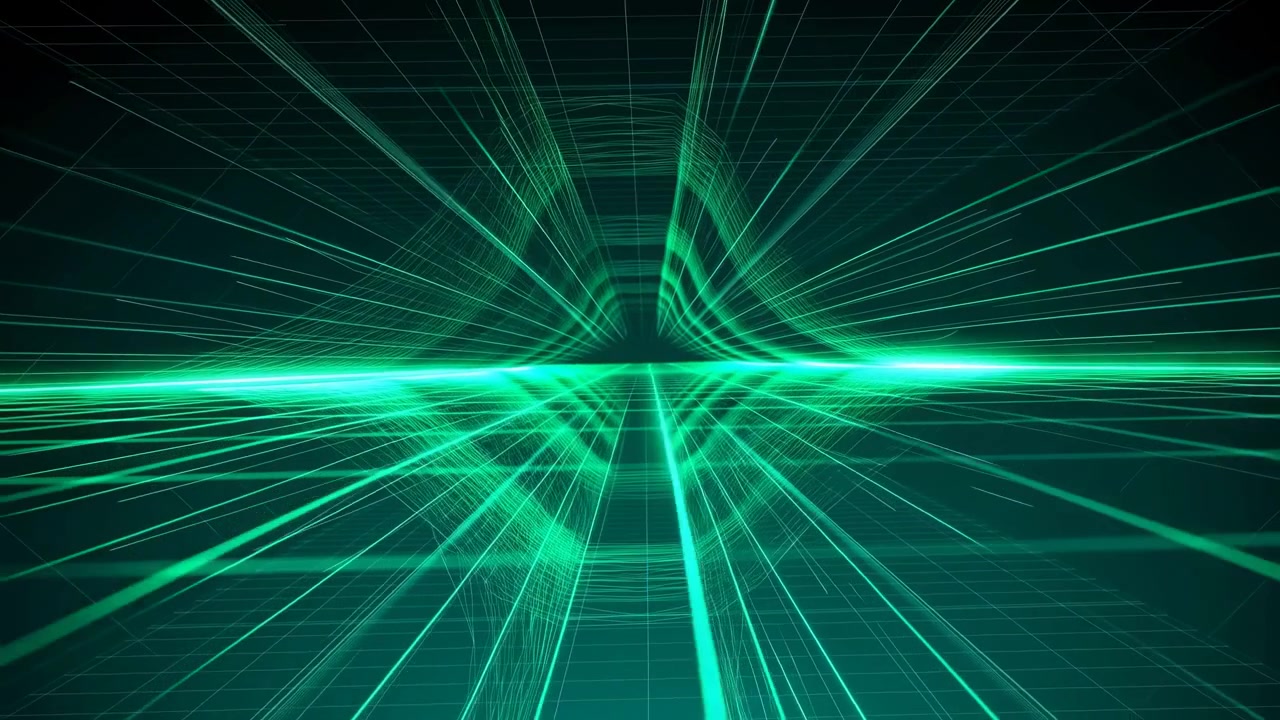 Centered neon cyan green wireframe tunnel with bright horizontal luminous beam, thin glowing lines, layered mesh, dark void, sharp contrast, and strong symmetrical depth in futuristic abstract scene