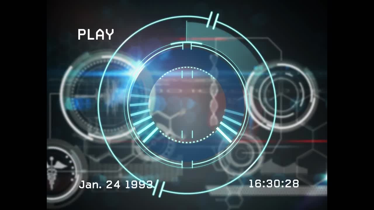 animazione dell'effetto glitch sull'elaborazione hud con pulsante di riproduzione, data e ora sull'interfaccia digitale