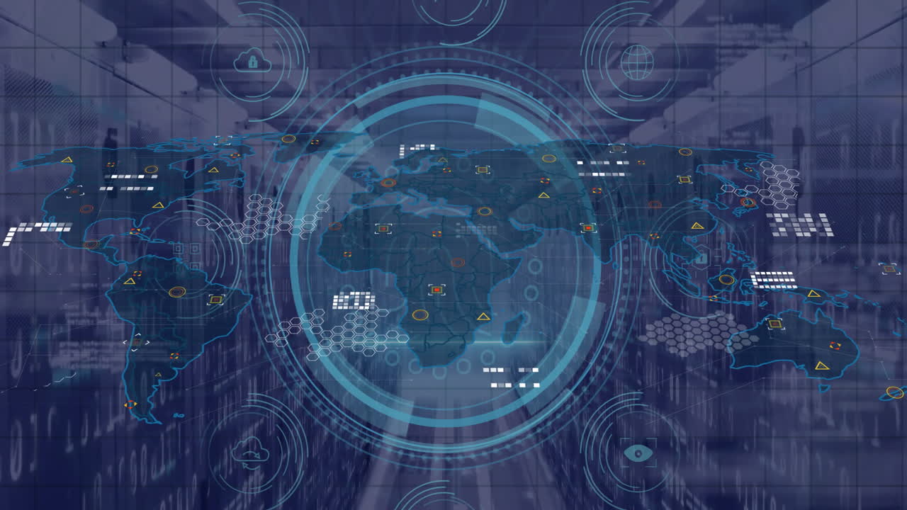 Digital world map with futuristic data processing and network connections animation