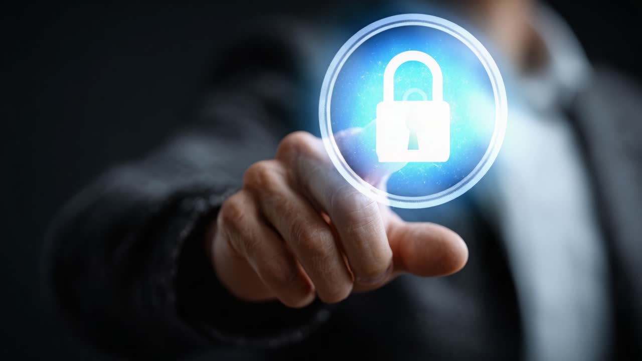 A Professional Individual Engages with a Digital Lock Icon, Signifying Cybersecurity, Data Protection, and the Importance of Online Safety in Today's Digital Era