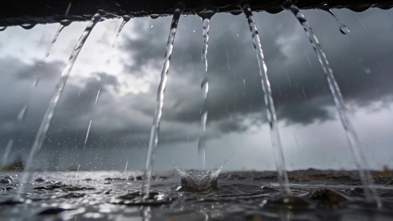 Pouring storm clouds sending narrow streams from gutter into shallow water, forming ripples
