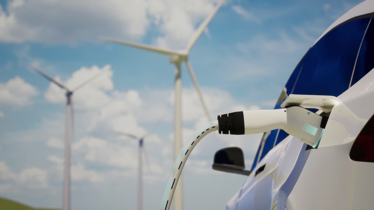 Environmentally Friendly Electric Car Charging On The Background Of Wind Turbines. Clear Blue Sky Background Of Ev Station With Port Plugged In Car, Realistic 3D Rendering, Alternative Energy Concept