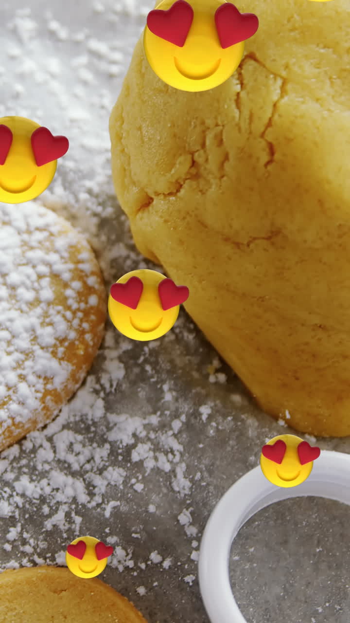 animación de emoticones flotando sobre las galletas de masa y molde