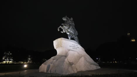 bronze equestrian statue of peter the great at night