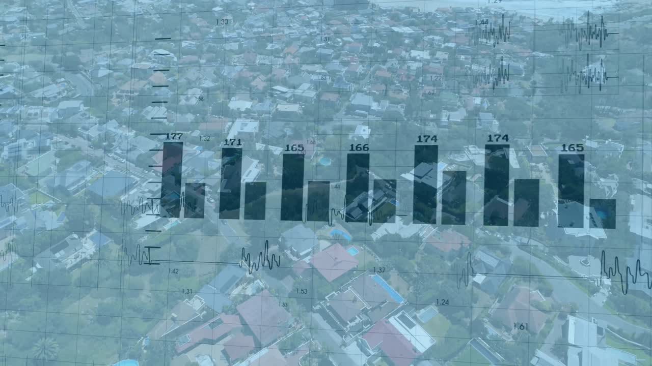 도시 풍경 위의 금융 데이터 처리 애니메이션