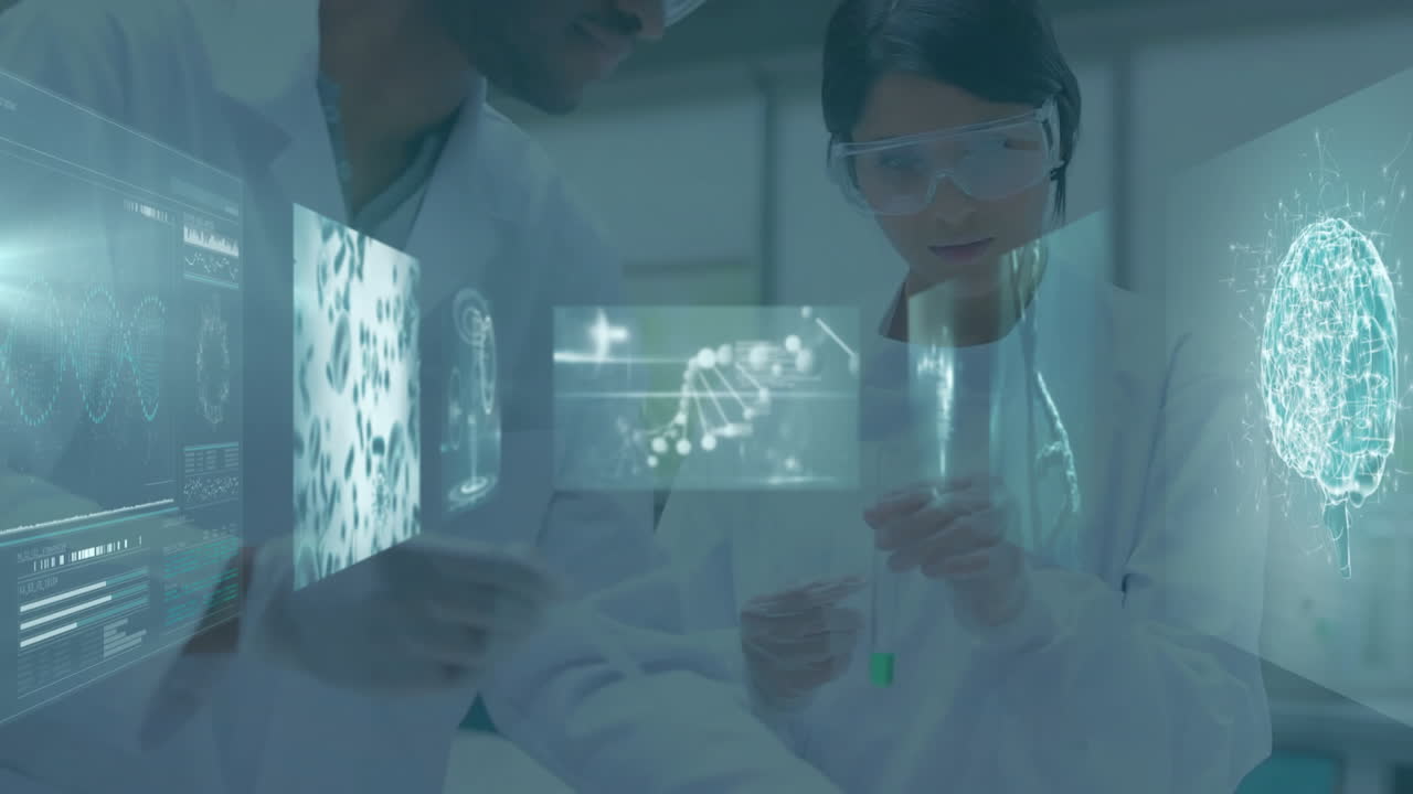 Two scientists holding test tube examining holographic panels in lab showing DNA, brain network
