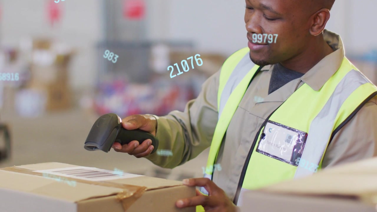 Logistics worker pressing button scanning labels checking shipment with floating numeric overlay