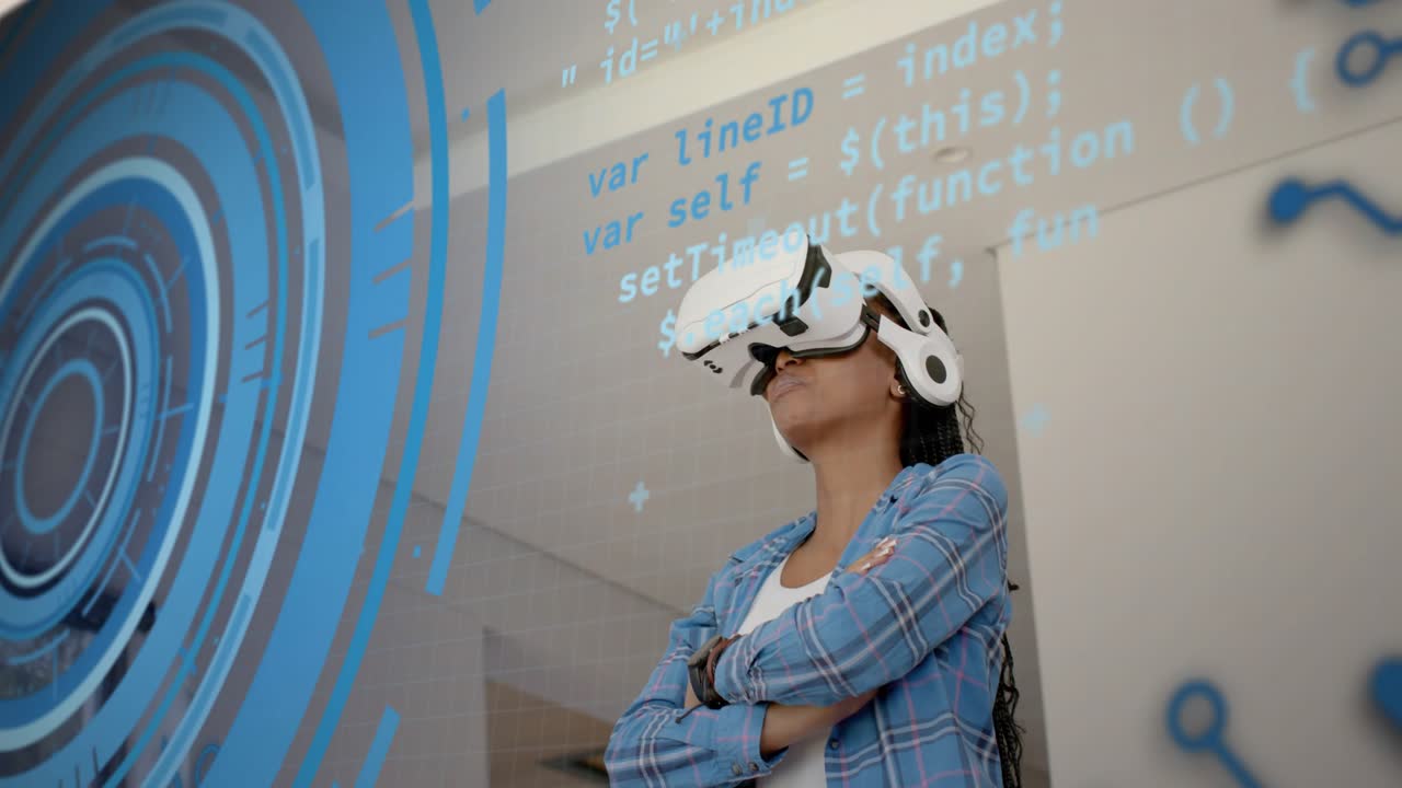Woman wearing VR headset touching headset, manipulating hologram UI and code overlays for tech demo