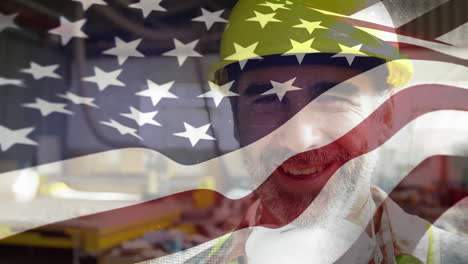 american flag over site worker smilling.