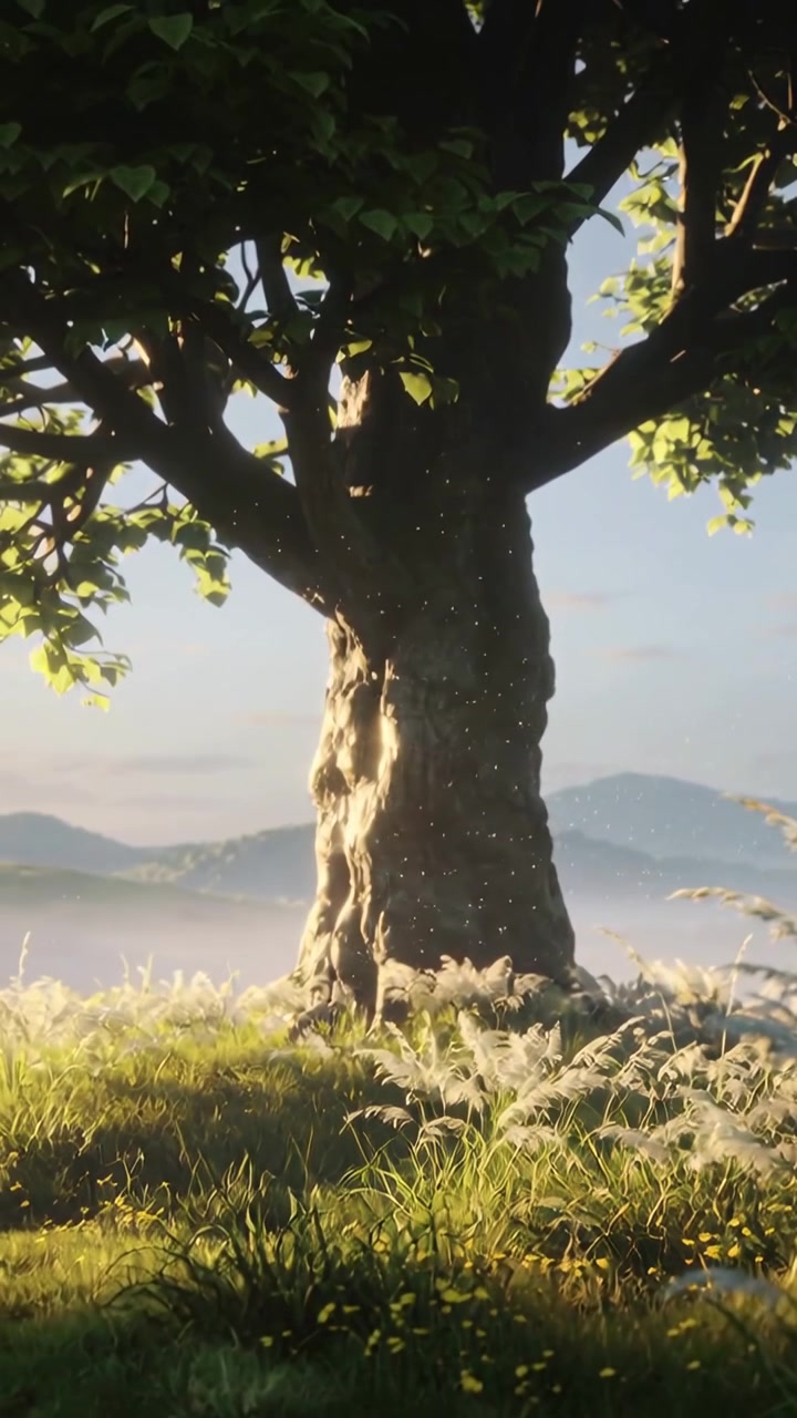 Vertikales Video: Sonnenlicht fällt auf einen Baum auf einer grasbewachsenen Anhöhe, Pollen treiben und Gräser wiegen sich im Wind.