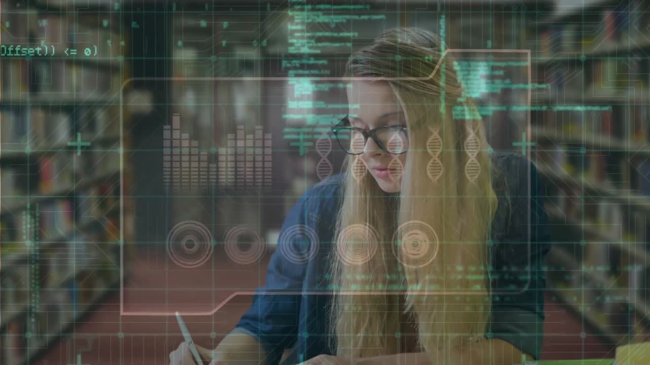 animación del procesamiento de datos sobre una estudiante caucásica en la biblioteca.