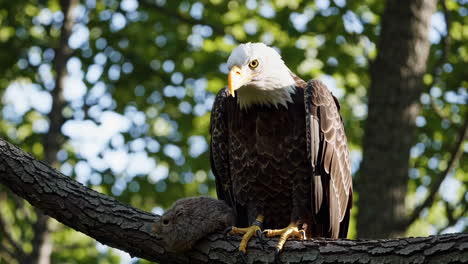 bald eagle with prey on branch