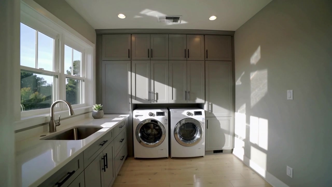 Moving camera forward from doorway, revealing washer and dryer near window for home tour