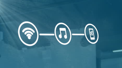 animation of flowchart of icons and lens flares over abstract background