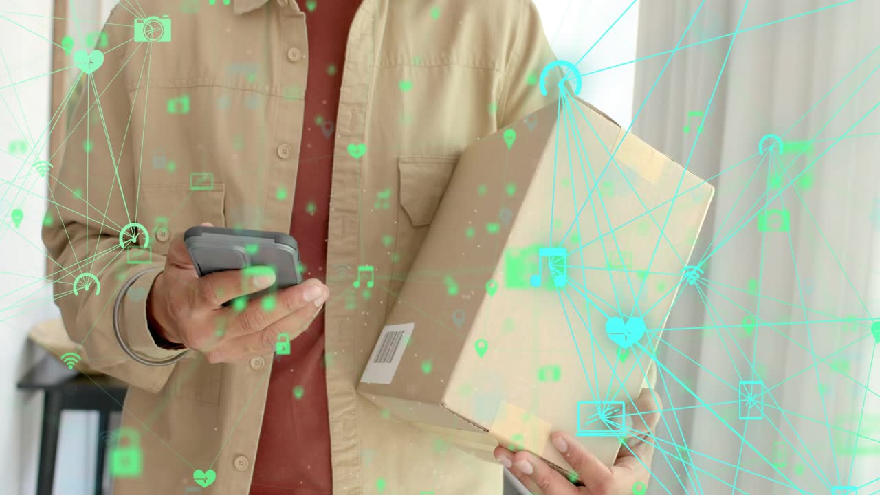 Man holding parcel and tapping phone by window, teal overlay tracing barcode, confirming delivery