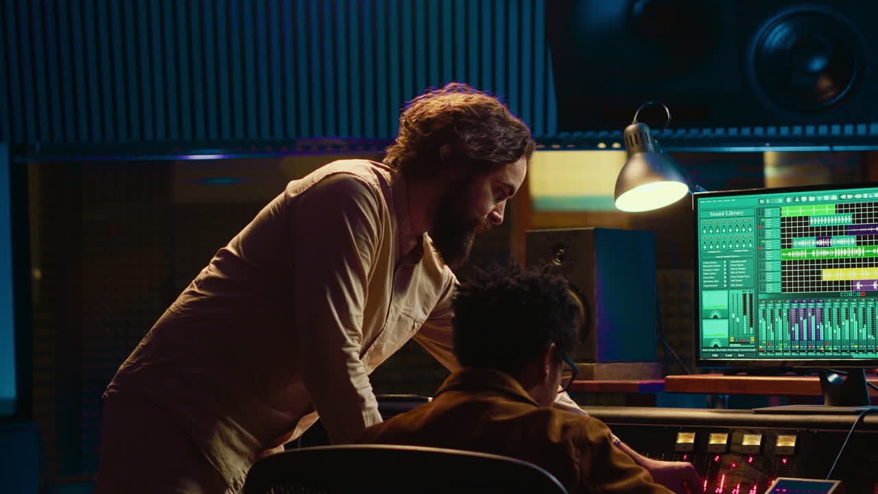 Diverse team of musician and audio technician creating a hit song