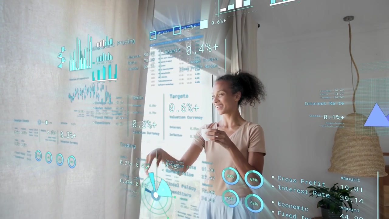 Woman pulling curtain, welcoming light, sipping mug and checking finance HUD overlaying her figure