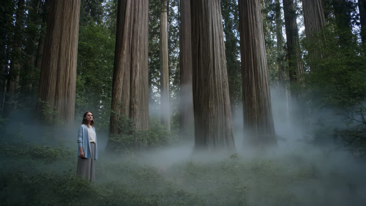 A woman standing in a foggy redwood forest