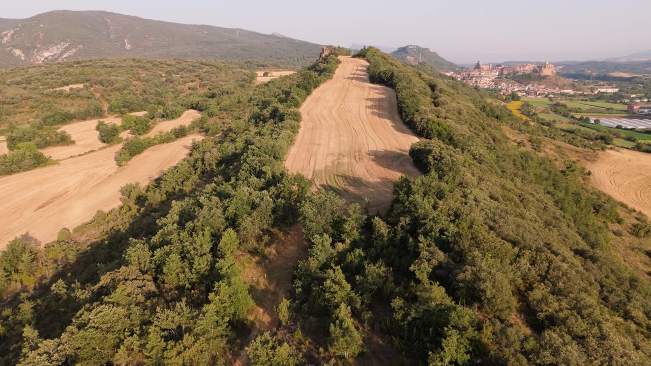 Approaching drone above a cultivated farmland on a mountain ridge in Valderama, Burgos province in Spain.